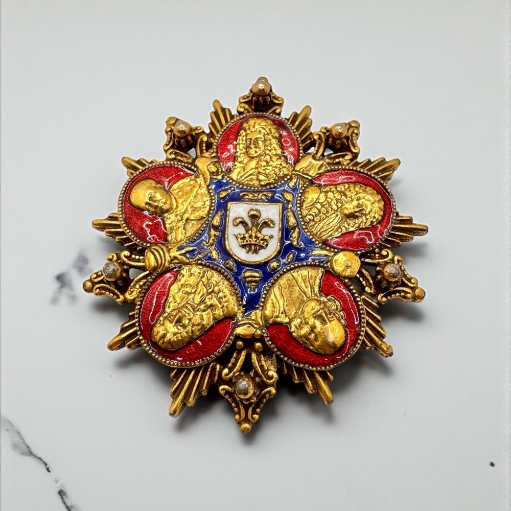 Vintage Heraldic Gold and Red Brooch